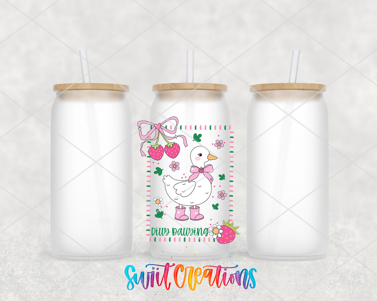 Dilly Dallying frosted glass tumbler group view with lids and straws
