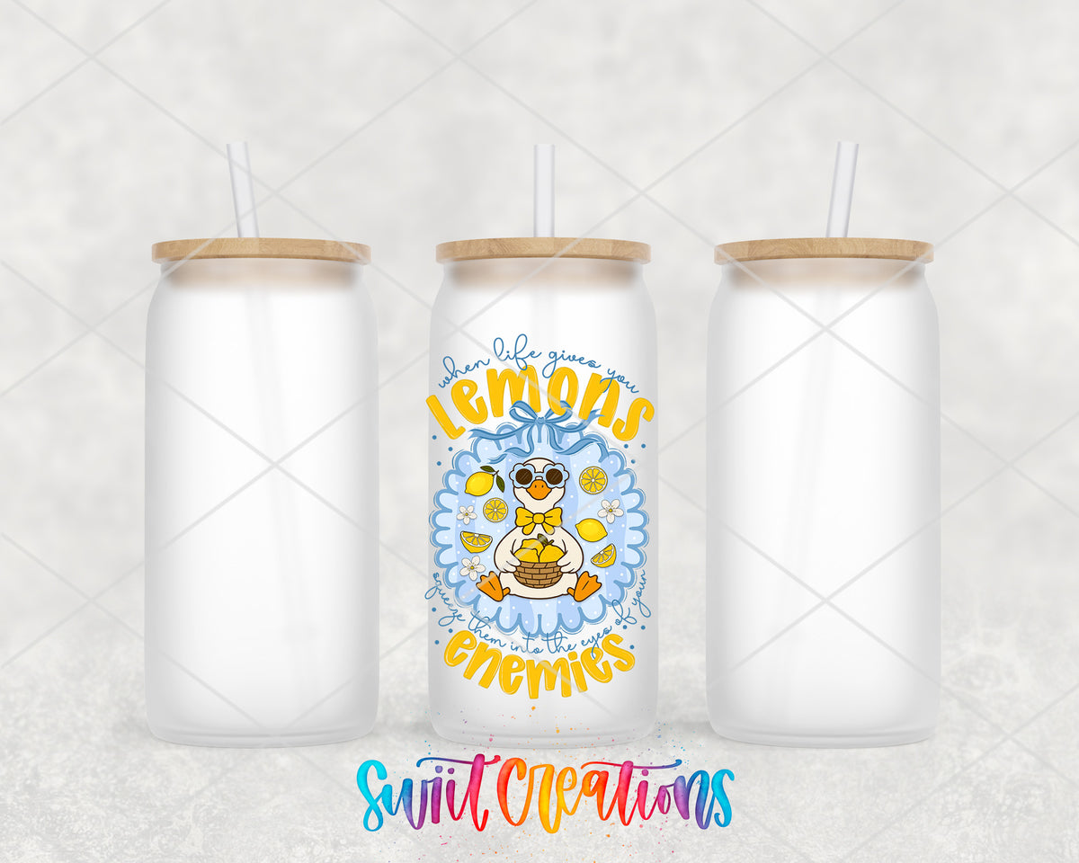 When Life Gives You Lemons frosted glass tumbler group view with lids and straws