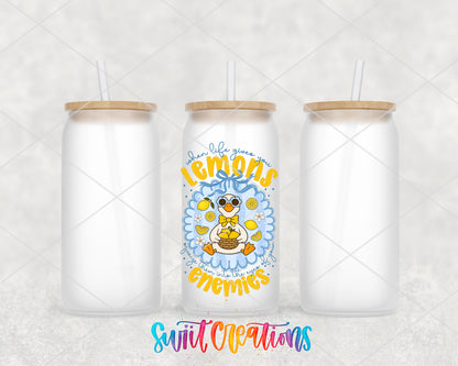 When Life Gives You Lemons frosted glass tumbler group view with lids and straws