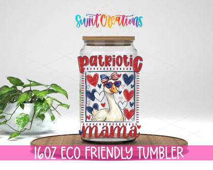 Patriotic Mama Goose design on a 16 oz clear glass tumbler with bamboo lid