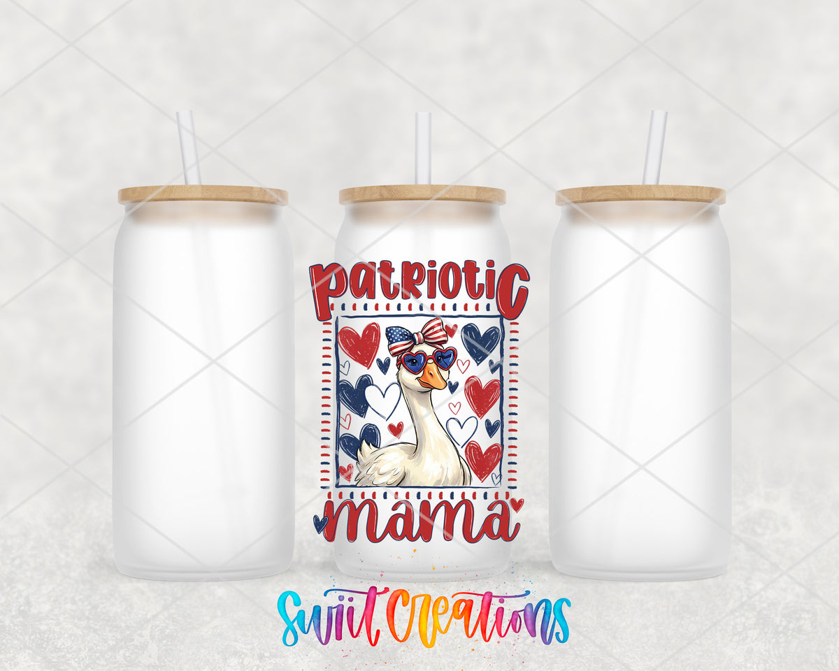Patriotic Mama Goose frosted glass tumbler group view with lids and straws