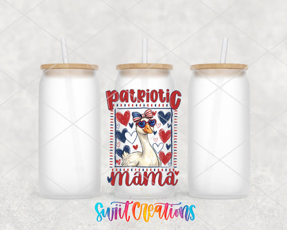 Patriotic Mama Goose frosted glass tumbler group view with lids and straws