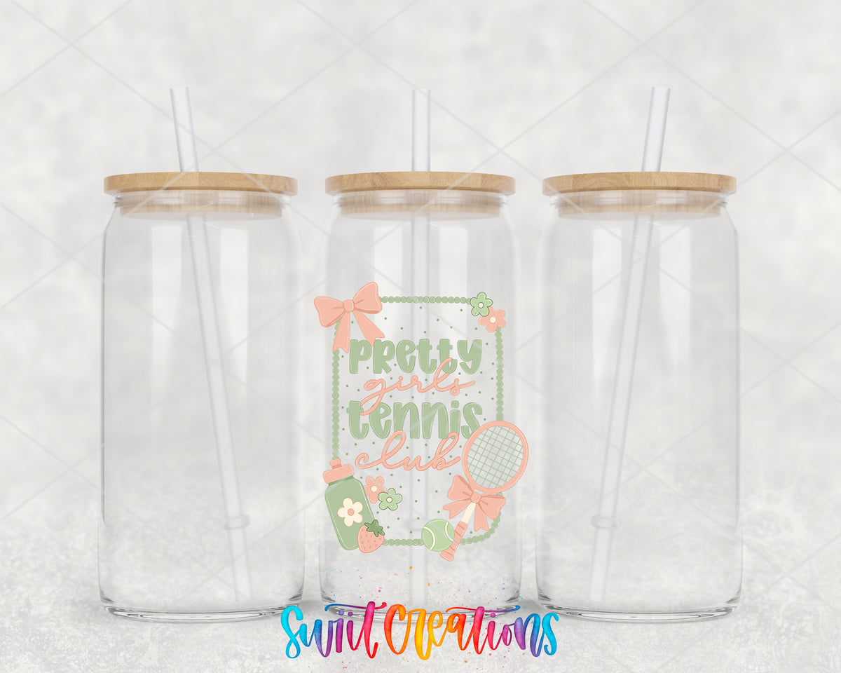 Pretty Girls Tennis Club clear glass tumbler group mockup with bamboo lids and straws