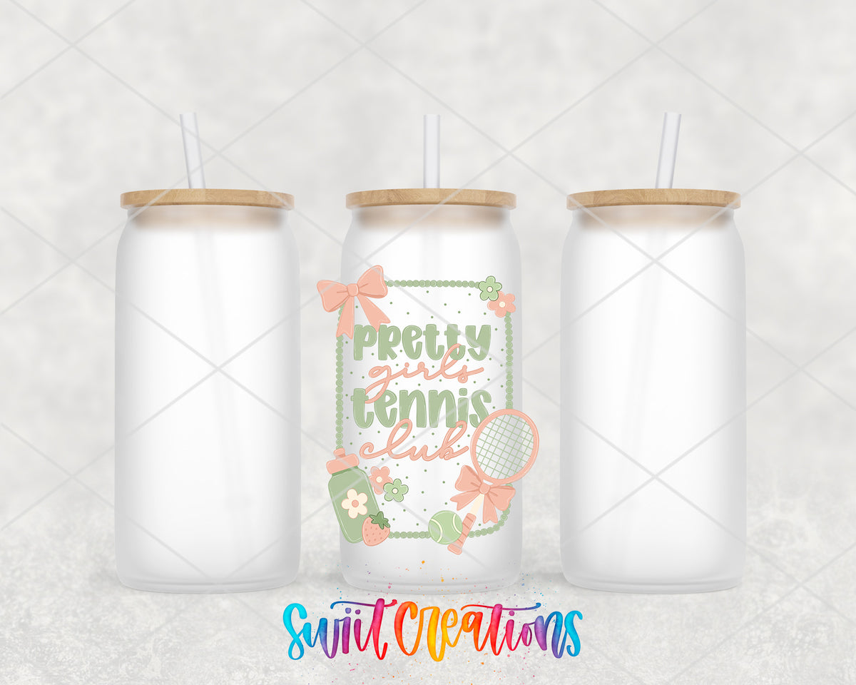 Pretty Girls Tennis Club frosted glass tumbler group view with lids and straws