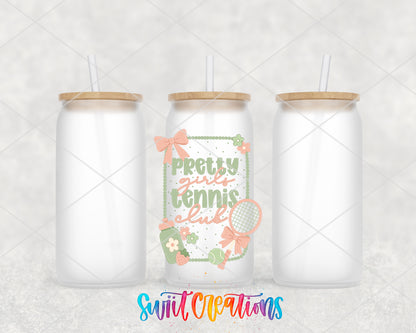 Pretty Girls Tennis Club frosted glass tumbler group view with lids and straws