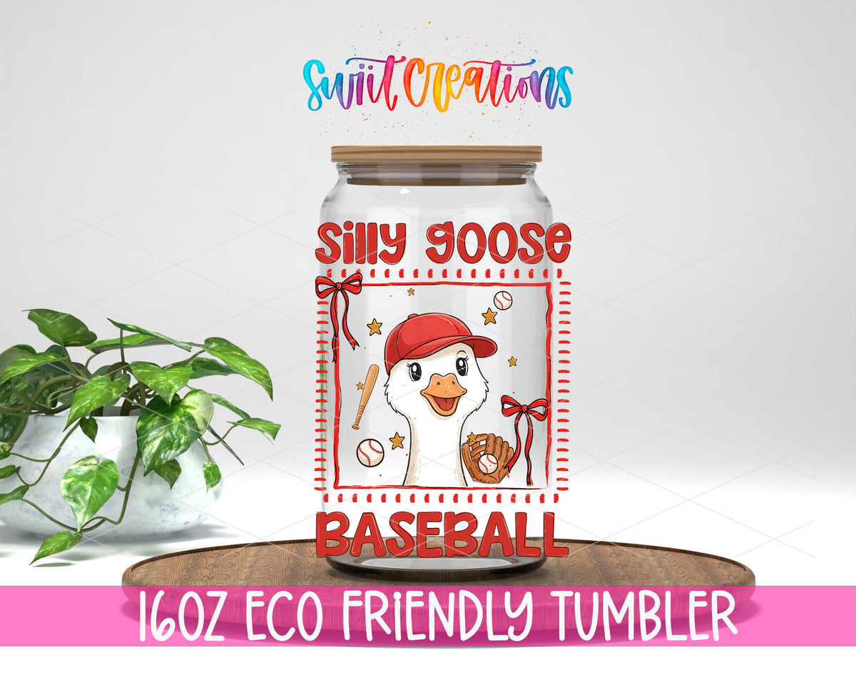 Silly Goose Baseball design on a 16 oz clear glass tumbler with bamboo lid
