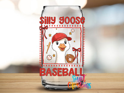 Silly Goose Baseball design close-up on a clear glass can tumbler