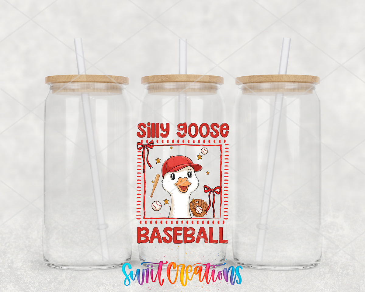 Silly Goose Baseball clear glass tumbler group mockup with bamboo lids and straws