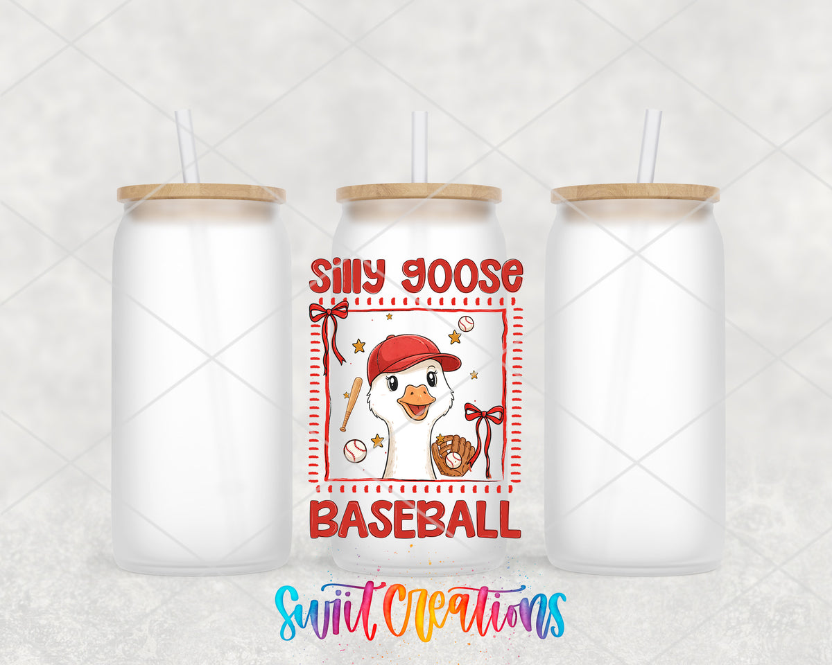 Silly Goose Baseball frosted glass tumbler group view with lids and straws