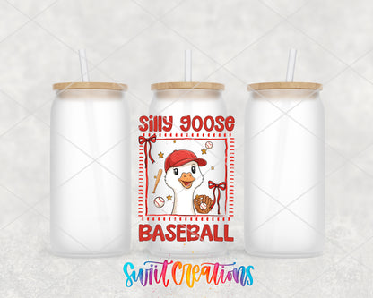 Silly Goose Baseball frosted glass tumbler group view with lids and straws