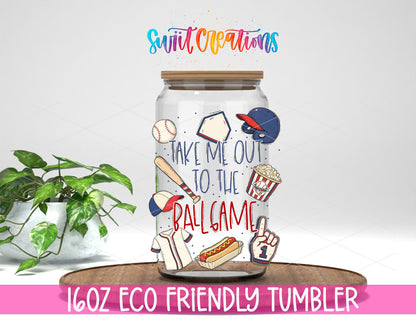 Take Me Out to the Ball Game design on a 16 oz clear glass tumbler with bamboo lid