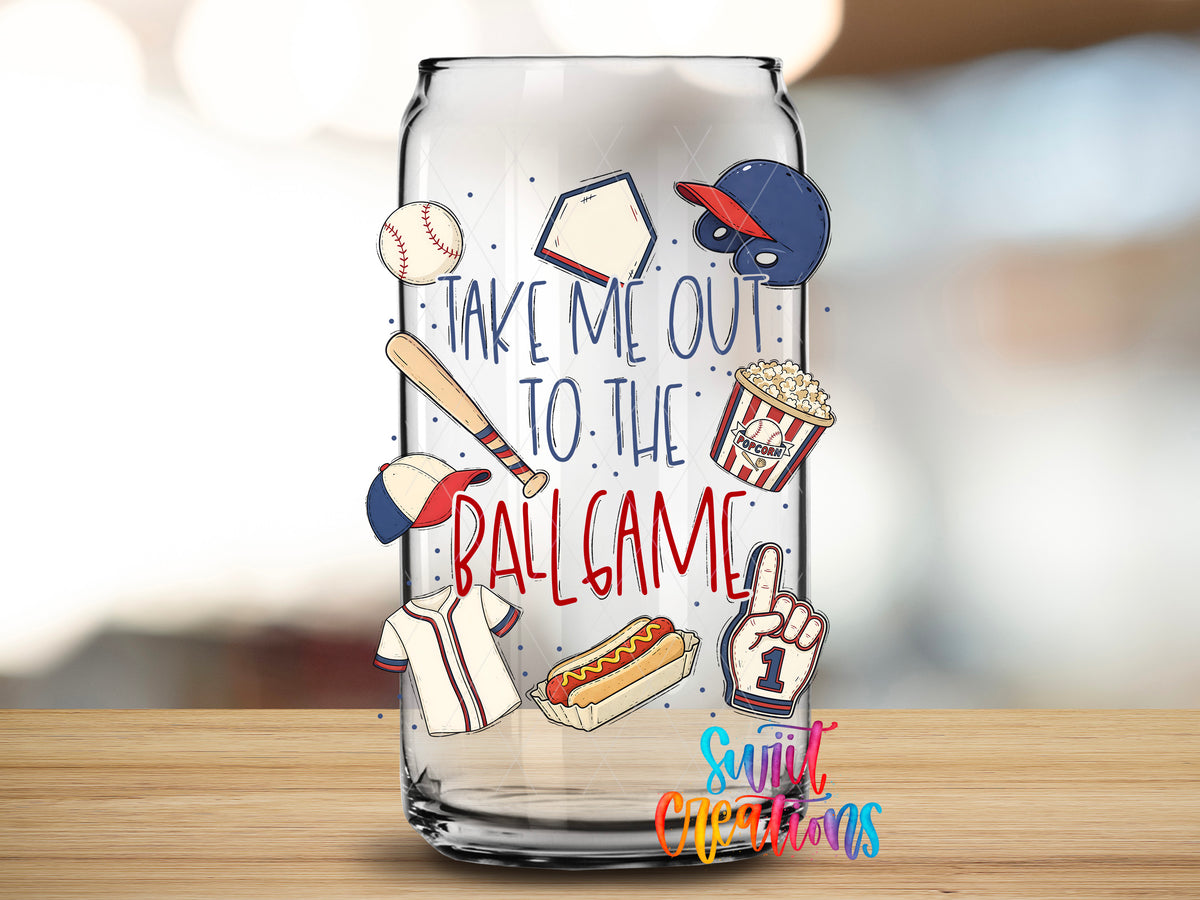 Take Me Out to the Ball Game design close-up on a clear glass can tumbler
