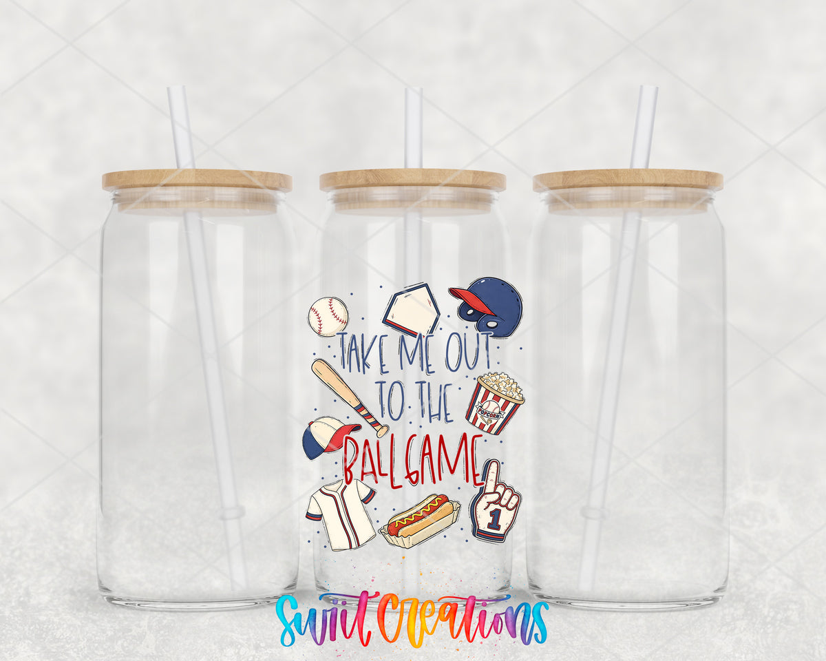 Take Me Out to the Ball Game clear glass tumbler group mockup with bamboo lids and straws