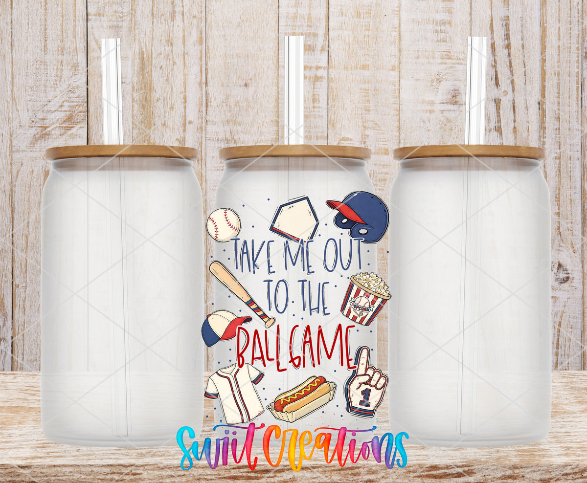 Take Me Out to the Ball Game frosted glass tumbler mockup with bamboo lids and straws