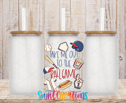 Take Me Out to the Ball Game frosted glass tumbler mockup with bamboo lids and straws