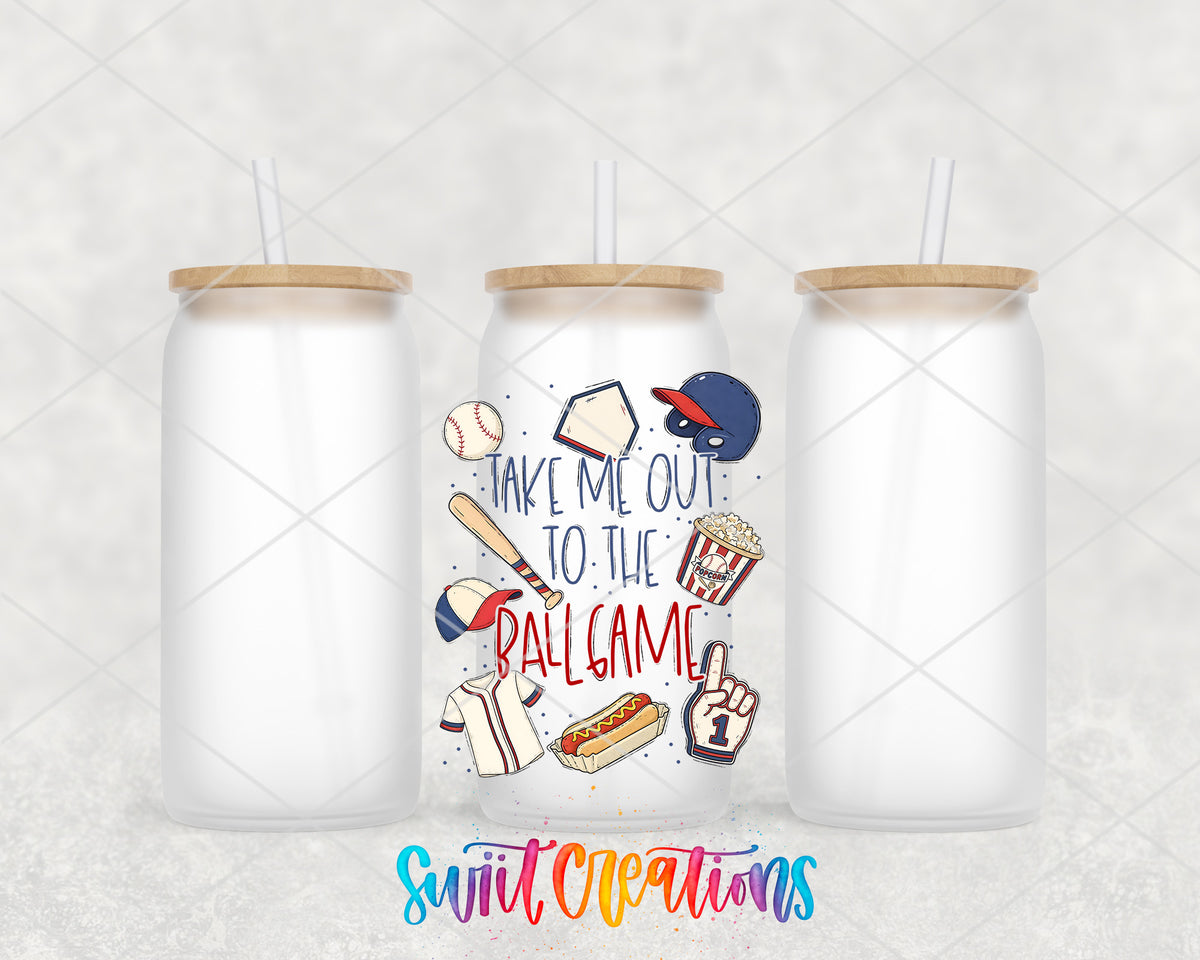 Take Me Out to the Ball Game frosted glass tumbler group view with lids and straws