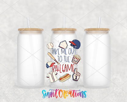 Take Me Out to the Ball Game frosted glass tumbler group view with lids and straws