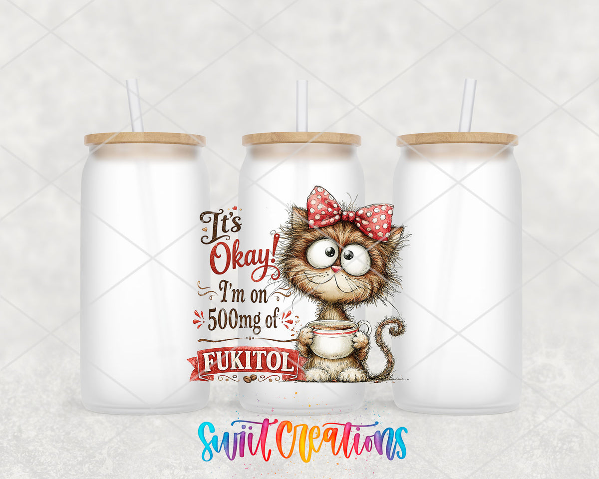 Fukitol Cat frosted glass tumbler group view with lids and straws