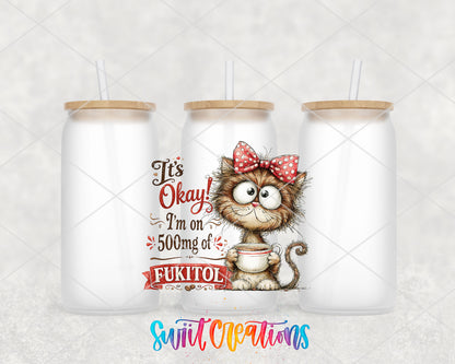 Fukitol Cat frosted glass tumbler group view with lids and straws