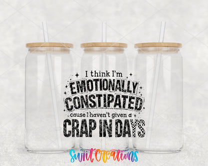 Emotionally Constipated clear glass tumbler group mockup with bamboo lids and straws
