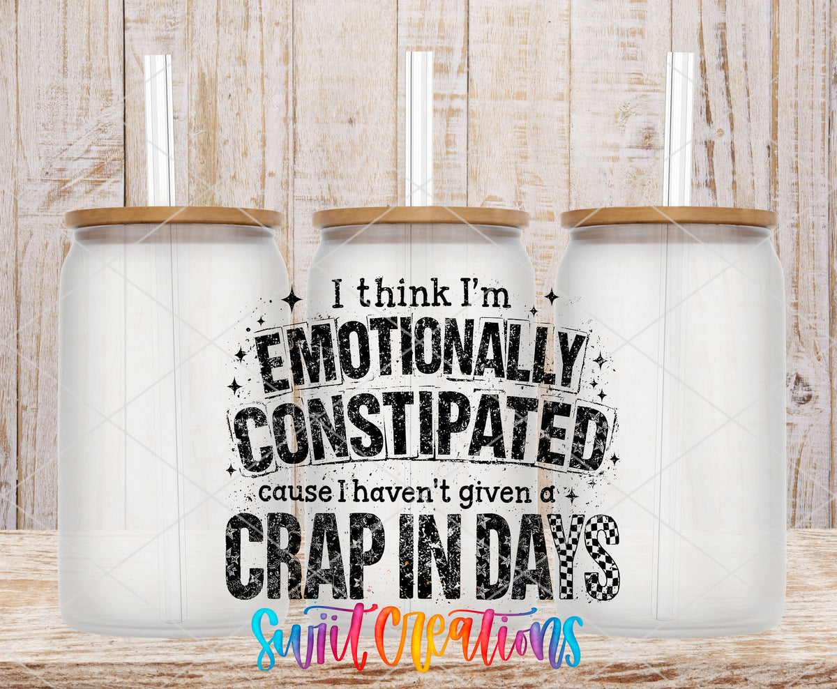 Emotionally Constipated frosted glass tumbler mockup with bamboo lids and straws