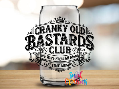 Bastard design close-up on a clear glass can tumbler