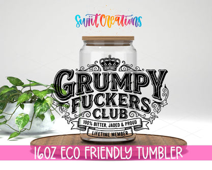 Grumpy Fuckers design on a 16 oz clear glass tumbler with bamboo lid