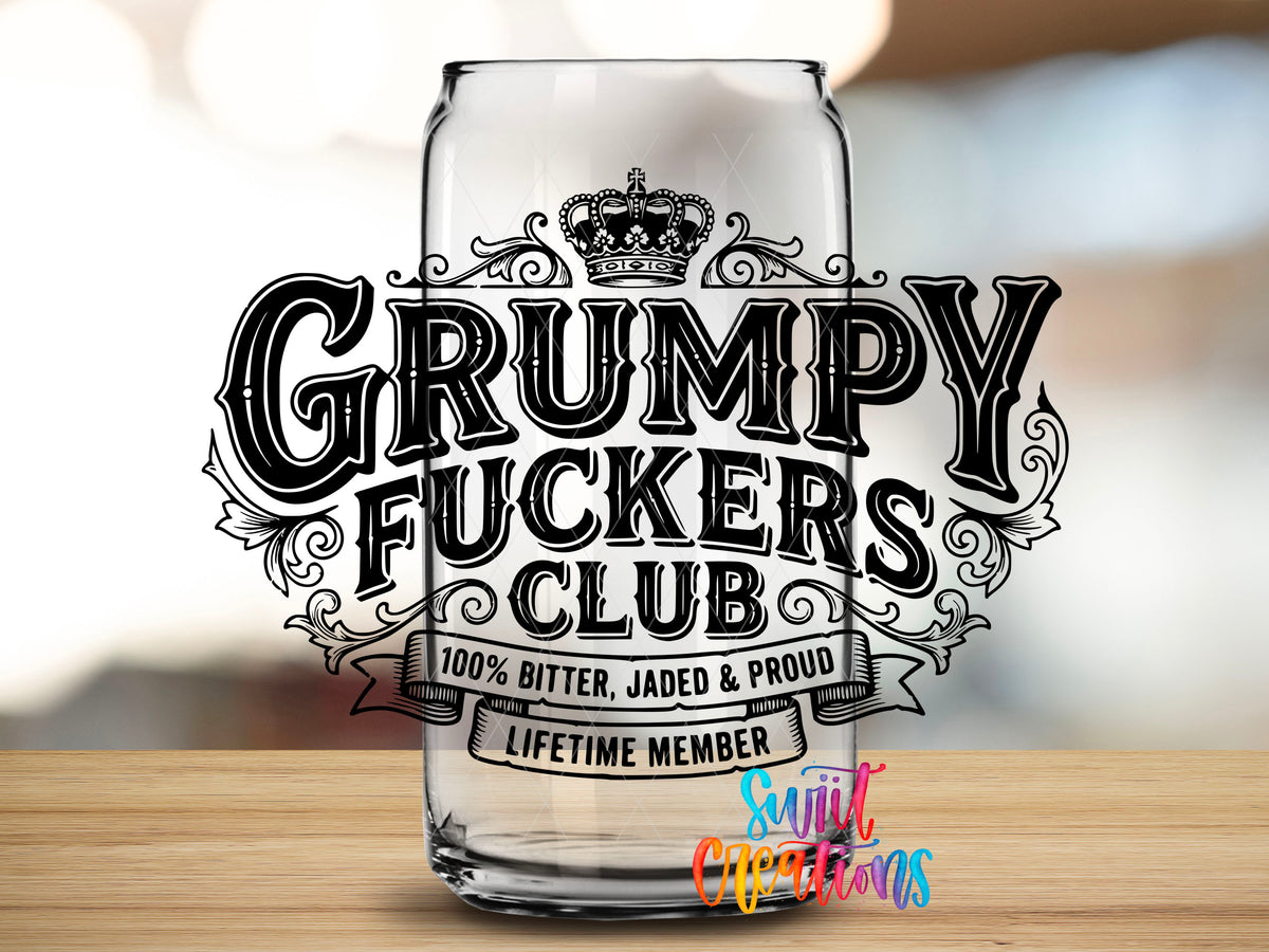 Grumpy Fuckers design close-up on a clear glass can tumbler