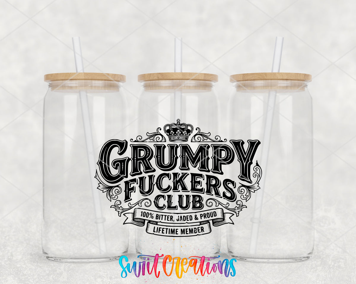 Grumpy Fuckers clear glass tumbler group mockup with bamboo lids and straws