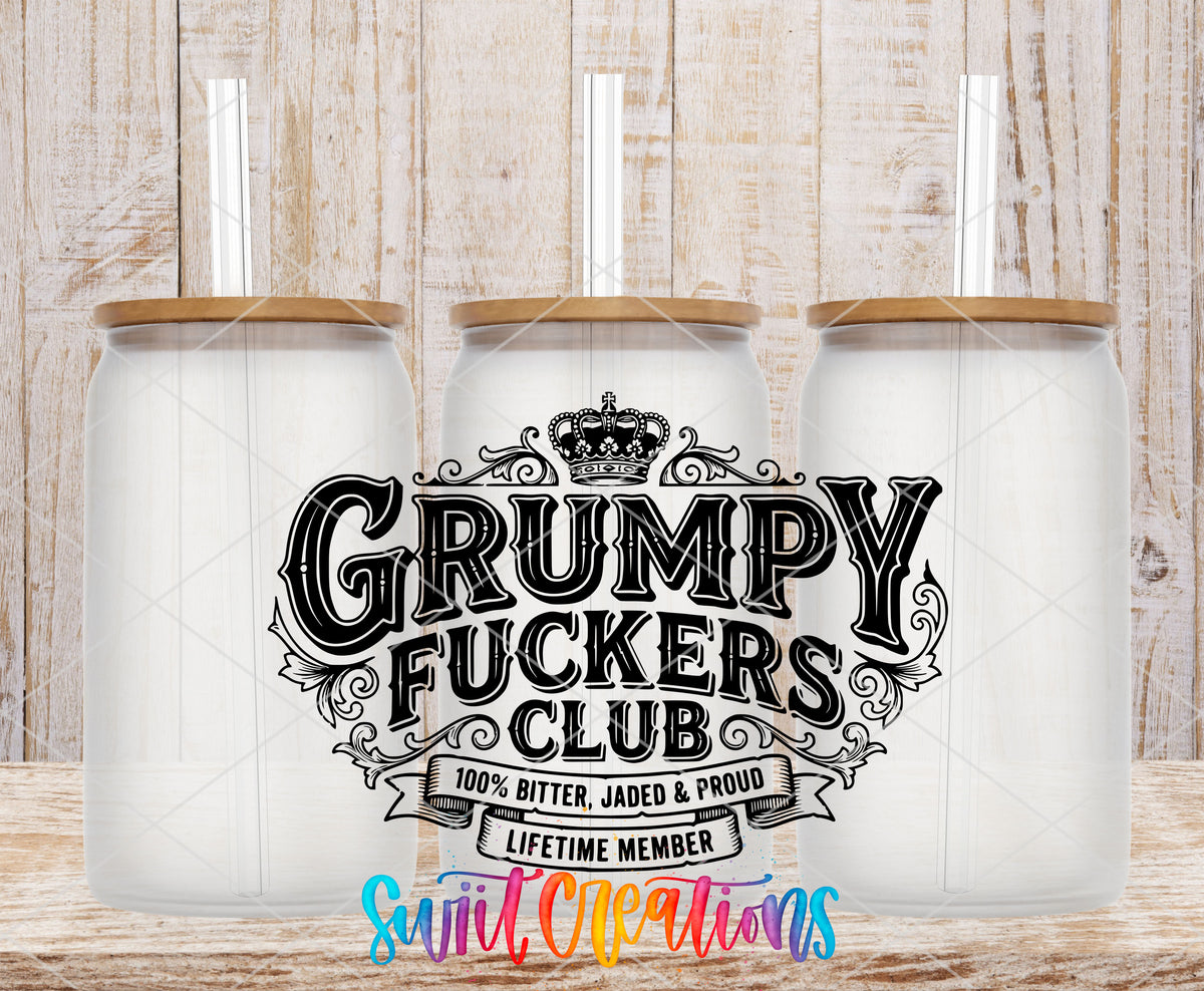 Grumpy Fuckers frosted glass tumbler mockup with bamboo lids and straws