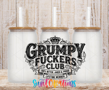 Grumpy Fuckers frosted glass tumbler mockup with bamboo lids and straws