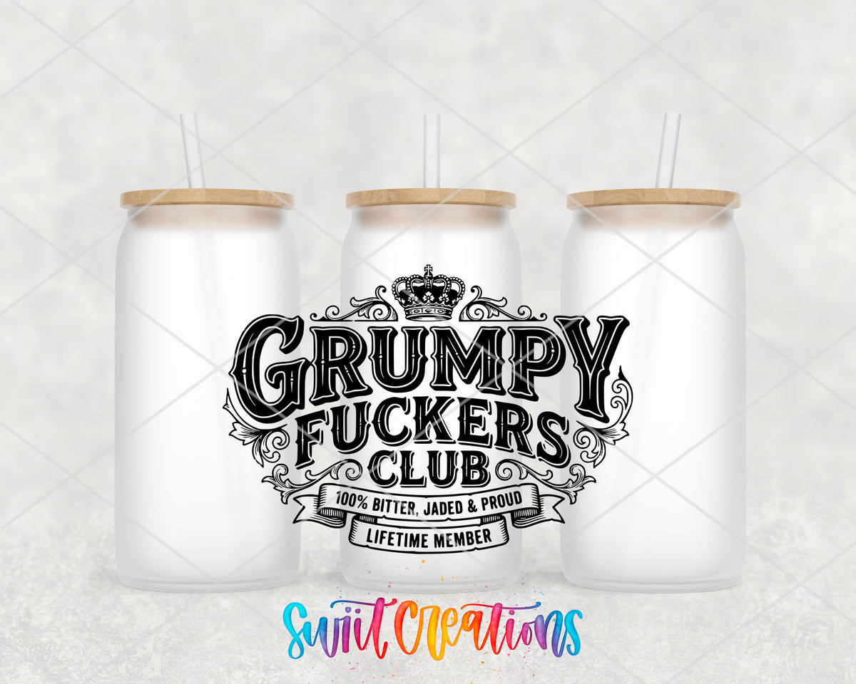 Grumpy Fuckers frosted glass tumbler group view with lids and straws