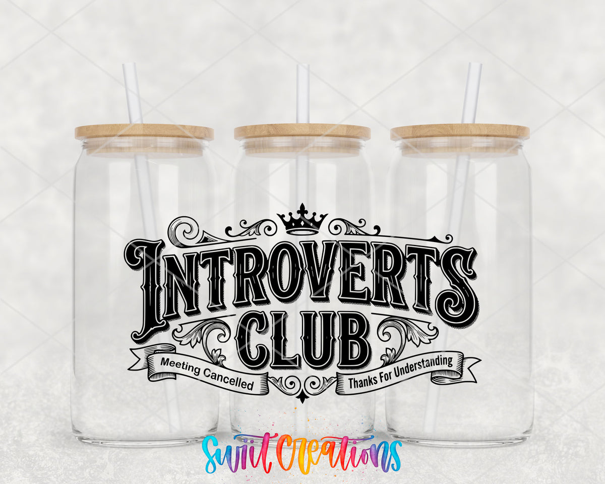 Introverts Club Wide clear glass tumbler group mockup with bamboo lids and straws