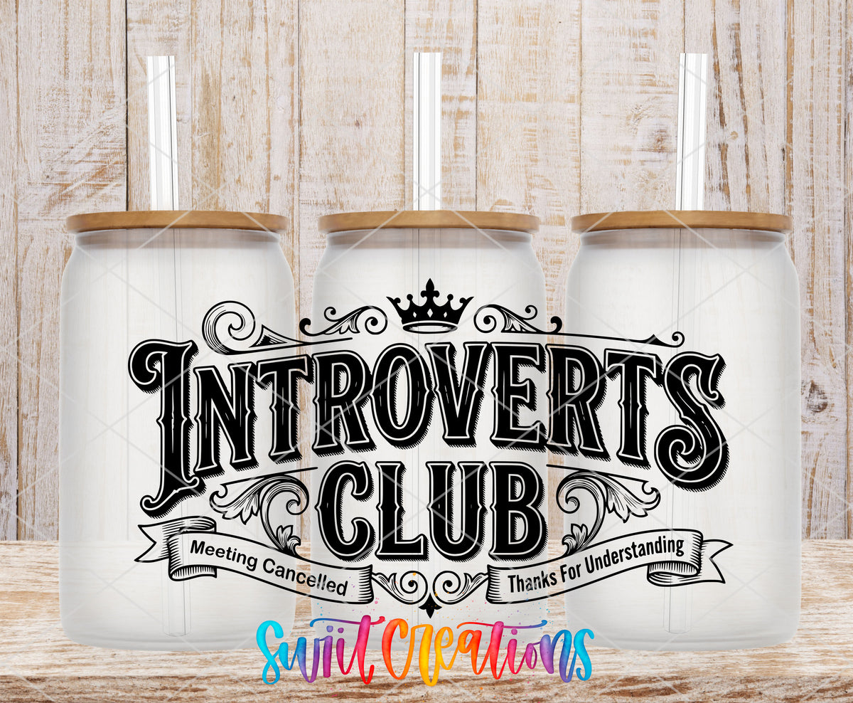 Introverts Club Wide frosted glass tumbler mockup with bamboo lids and straws