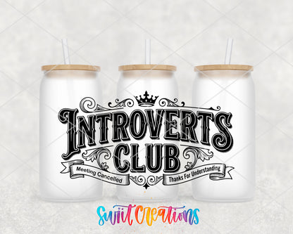 Introverts Club Wide frosted glass tumbler group view with lids and straws