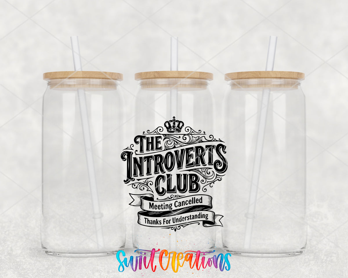Introverts Club clear glass tumbler group mockup with bamboo lids and straws