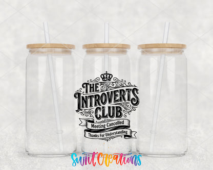 Introverts Club clear glass tumbler group mockup with bamboo lids and straws