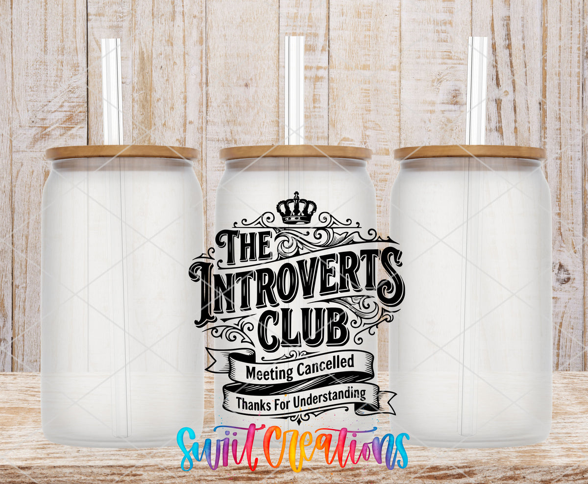 Introverts Club frosted glass tumbler mockup with bamboo lids and straws