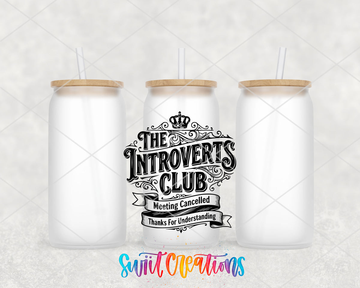 Introverts Club frosted glass tumbler group view with lids and straws