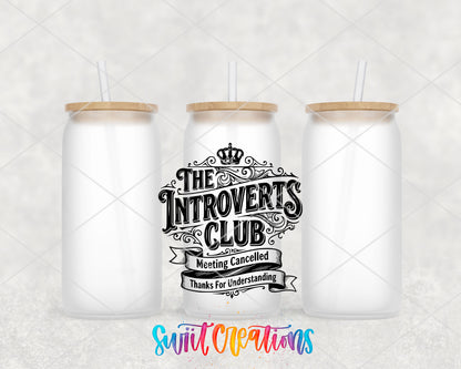 Introverts Club frosted glass tumbler group view with lids and straws