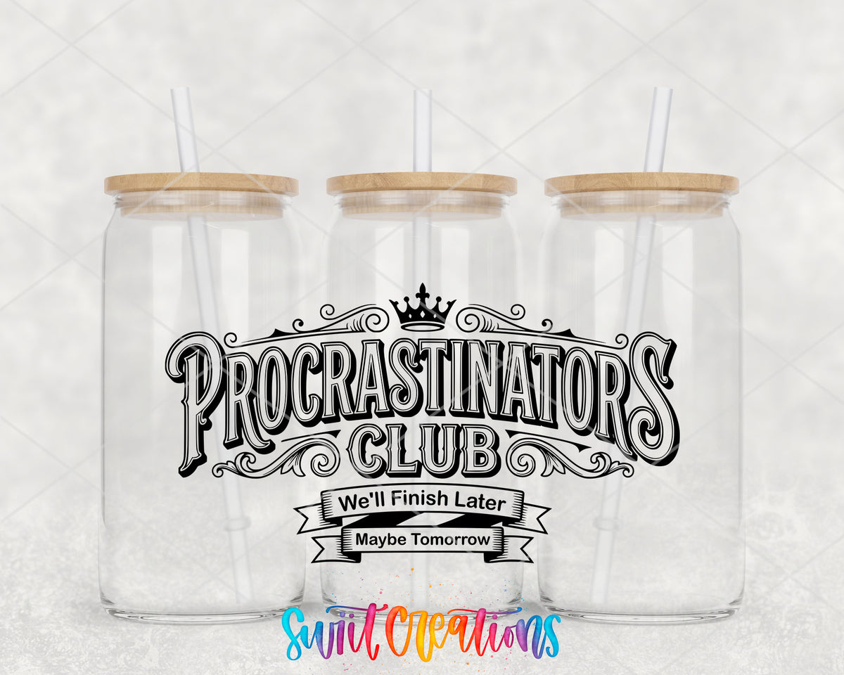 Procrastinators Club clear glass tumbler group mockup with bamboo lids and straws