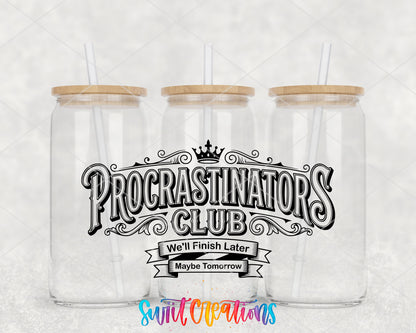 Procrastinators Club clear glass tumbler group mockup with bamboo lids and straws