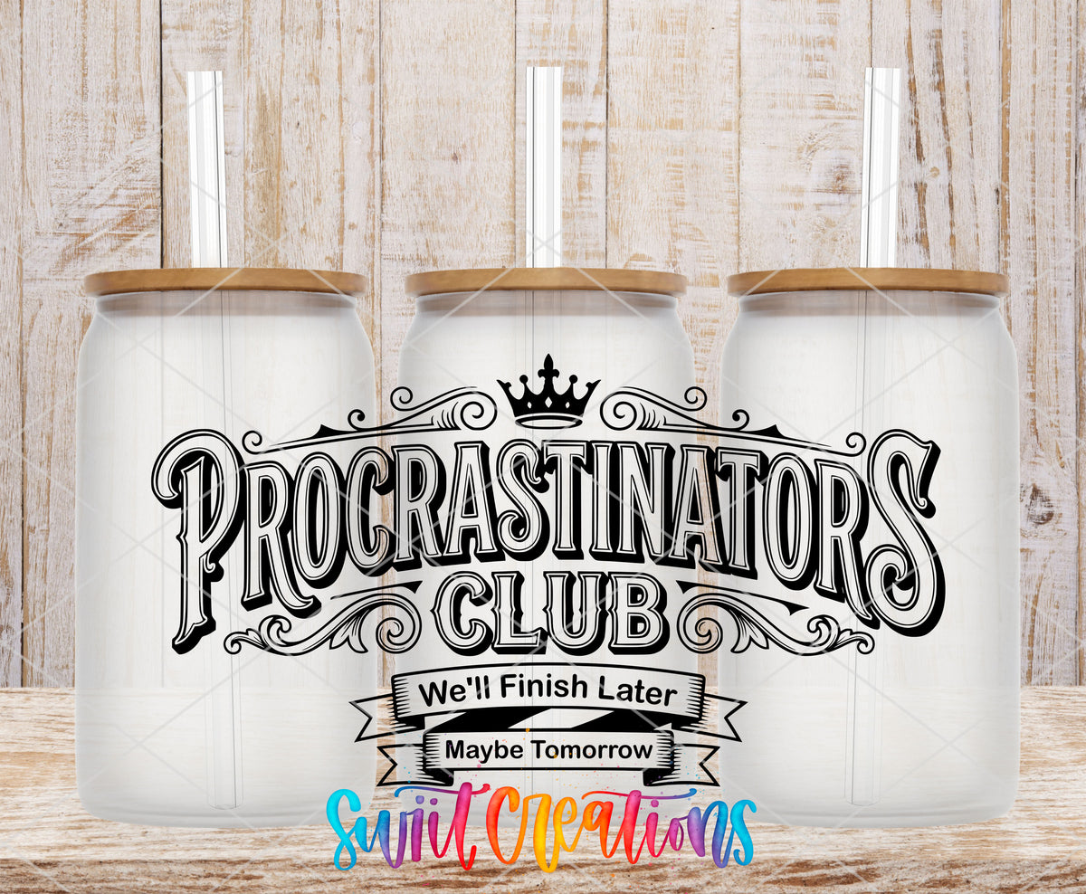 Procrastinators Club frosted glass tumbler mockup with bamboo lids and straws