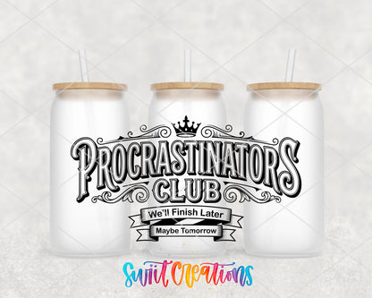 Procrastinators Club frosted glass tumbler group view with lids and straws