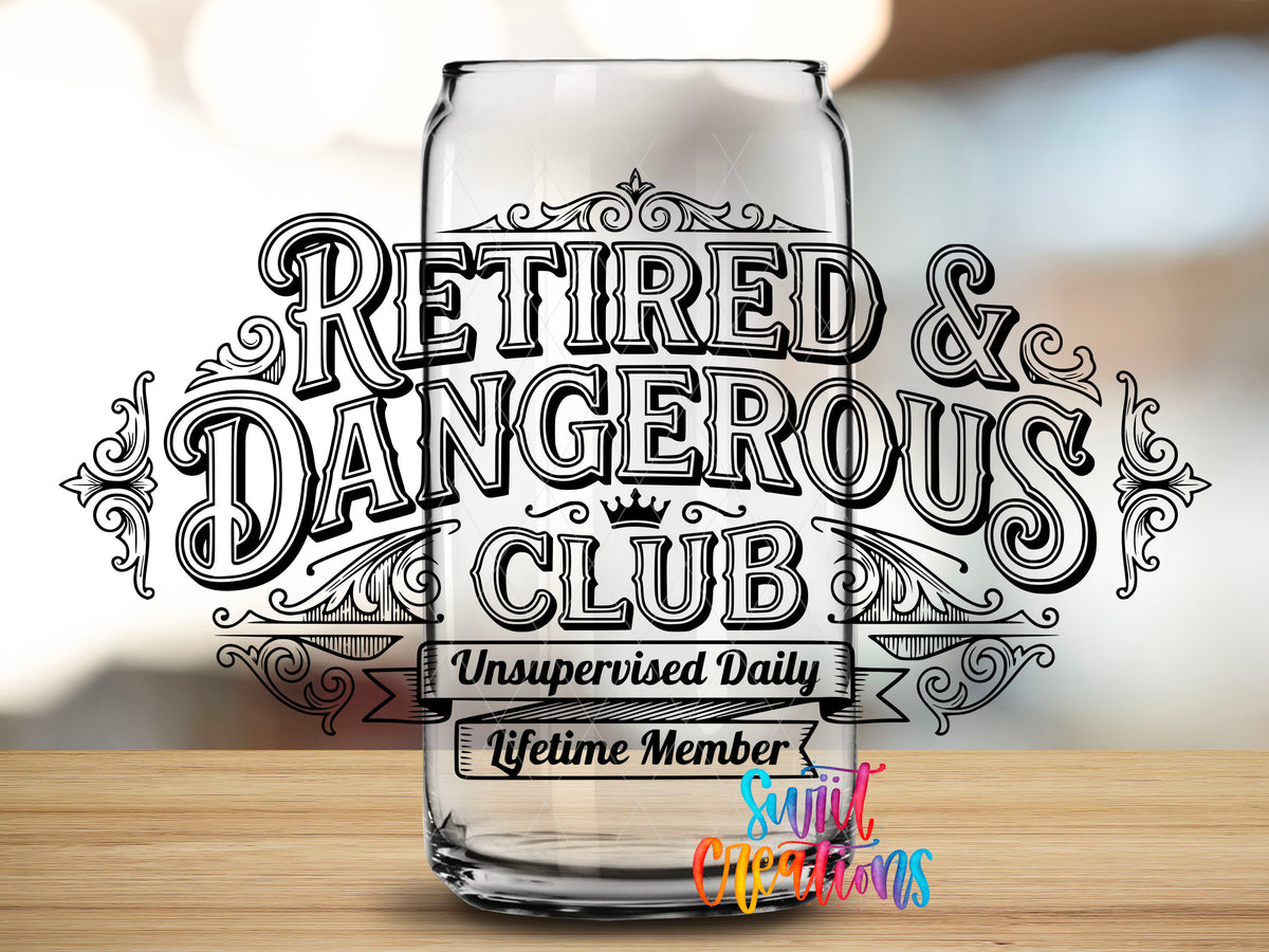 Retired design close-up on a clear glass can tumbler