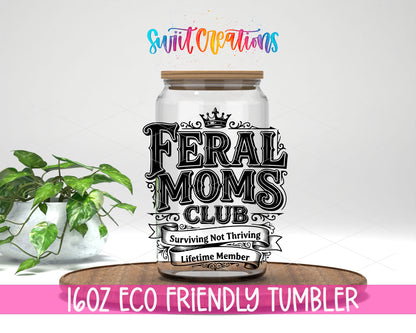 Feral design on a 16 oz clear glass tumbler with bamboo lid