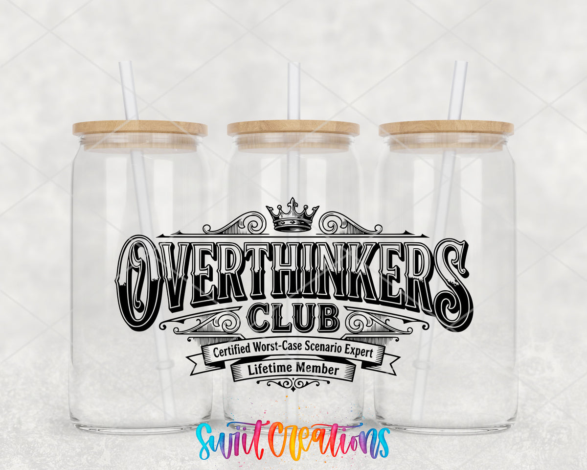 Overthinkers Club clear glass tumbler group mockup with bamboo lids and straws
