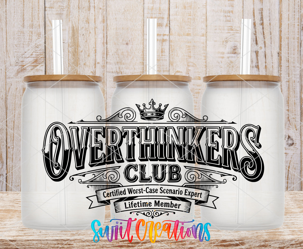 Overthinkers Club frosted glass tumbler mockup with bamboo lids and straws