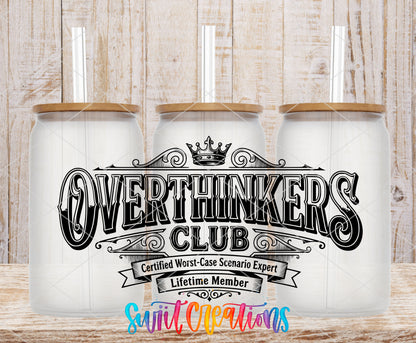 Overthinkers Club frosted glass tumbler mockup with bamboo lids and straws