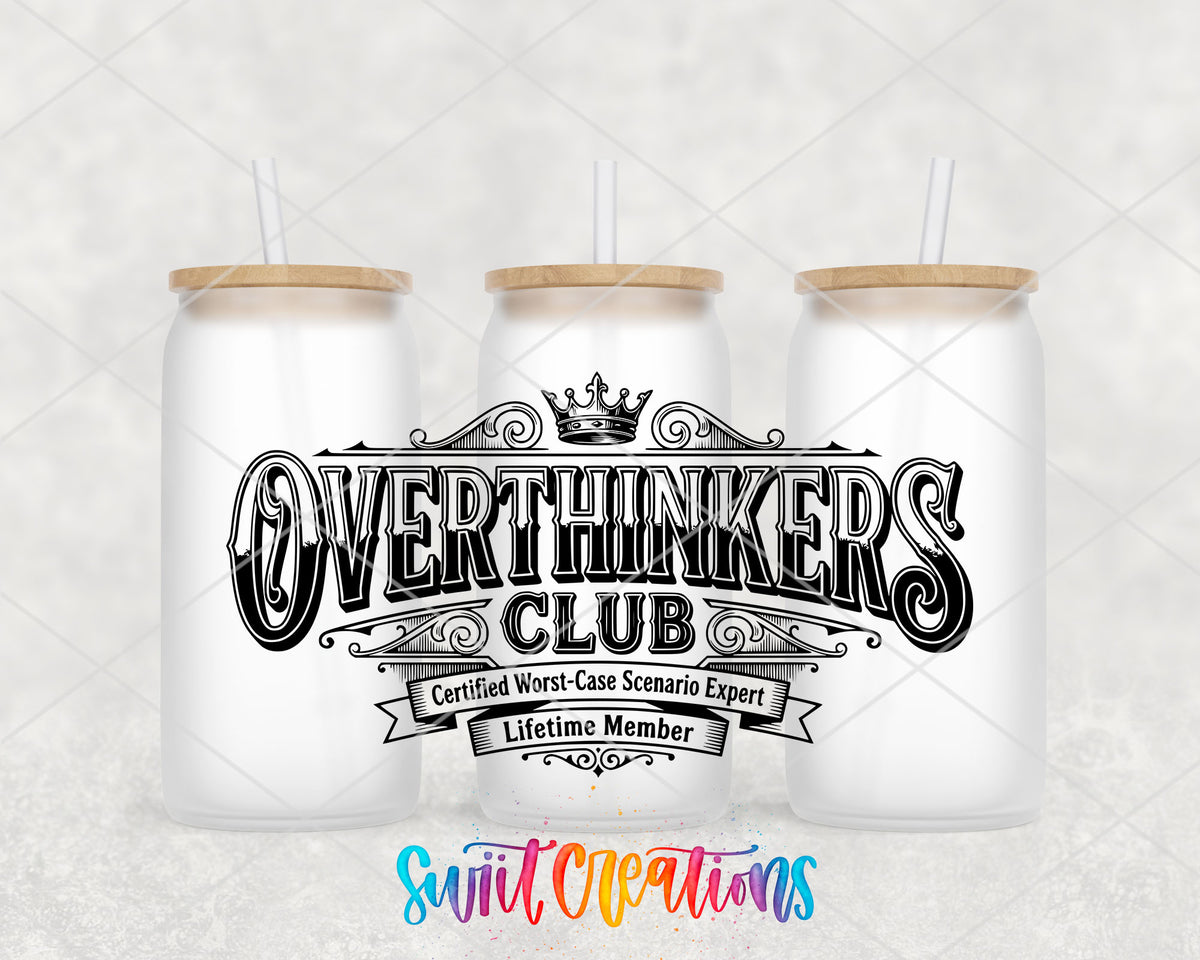 Overthinkers Club frosted glass tumbler group view with lids and straws
